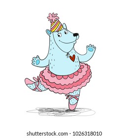 Children book vector illustration. Dancing blue birthday ballerina bear in cap.