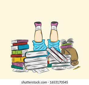 Children With Books By Hand Drawing.Children With A New World In His Book.The Child Is Sleeping On Book.Illustration Vector For Education Background.