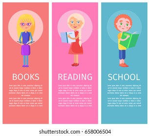 Children books, good reading and and school world book articles with vector illustrations of little children who read with interest.