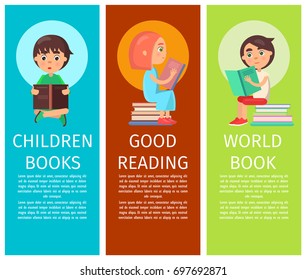 Children books, good reading and world book articles with vector illustrations of little children who read with interest.