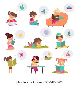 Children with books. Reading kids, imagination developing with fairy tales help, curious girls and boys, preschool characters. Entertainment and educational literature vector isolated set