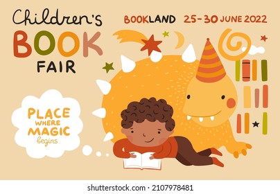 Children books world. Little boy reads fairy tales with imaginary monster. Kids fair poster. Imagination development. Fairground event invitation design with text and