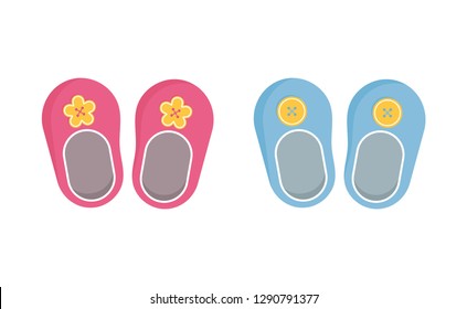 Children booties decorated with buttons vector illustration set.