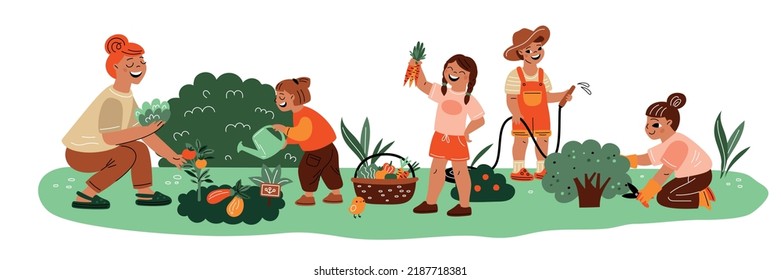 Children botany lesson. Happy kids with teacher. Garden care training. People harvesting and pruning bushes. Teens watering plants. Agriculture work and gardening. Garish