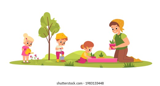 Children botany lesson. Young students with teacher learn take care plants, little gardeners, woman with girls and boy water flowers. Summer landscape, vector cartoon isolated concept