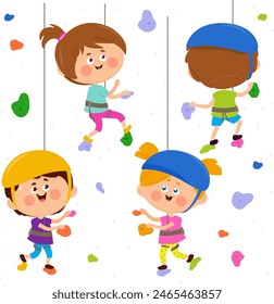 Children bouldering, hanging on rope indoor In gym playground. Indoor climbing wall. Bouldering rock climbing wall at the sports training gym. Background with holds and climbing grips. Vector 