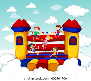 Children bouncing on rubber house illustration