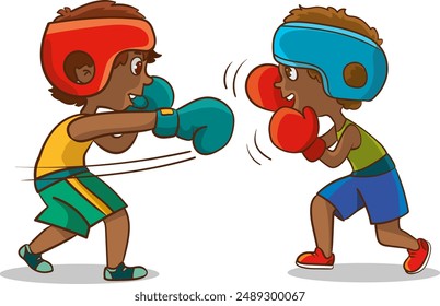 Kinder boxen, Kinder kickboxen. Kinder kämpfen mit diesen erwachsenen Emotionen. Popularisierung von Sport und gesunder Lebensweise. Vektorillustration des Boxens isoliert auf Weiß