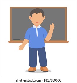 Children boy character student confidence stand in front blackboard white isolated background with flat color style