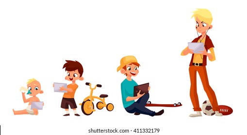 Children boy of different ages played in tablet and did not play in street, vector cartoon concept of todays children, children sit and chat on Internet, four boy looking at smartphone, kids phone