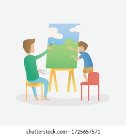 children boy enjoys learning to draw and paint with his parents,Vector illustration.