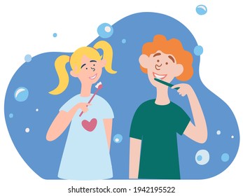 Children a boy and a girl brush their teeth. Morning routine, taking care of dental health. Brother and sister cartoon characters. Kids dental health and personal hygiene concept.