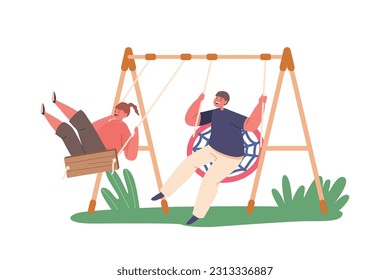 Children Boy And Girl Characters Joyfully Swinging On Swings, Laughing, And Experiencing Exhilarating Feeling Of Freedom