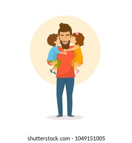 children, boy and girl, daughter and son kissing  hugging their father, happy fathers day congratulations vector illustration scene