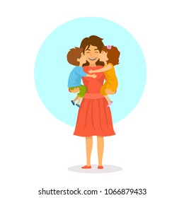 children boy and girl, daughter and son kissing hugging their mom, happy mothers day isolated cute cartoon vector illustration scene