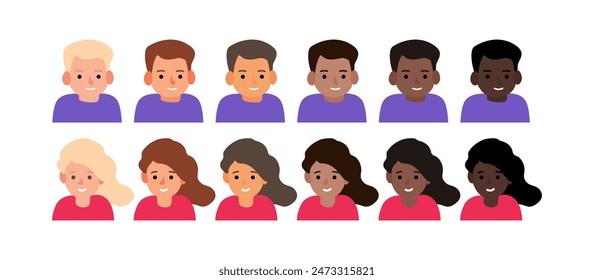 children boy and girl different colors skin tone  portraits vector illustration