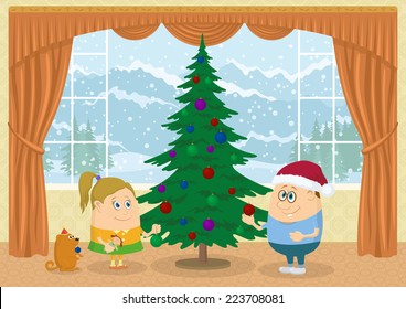 Children, boy, girl and dog decorating fir tree in room with view on mountains and snowy sky, Christmas holiday background illustration, funny cartoon characters. Eps10 Vector