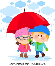 Children, a boy and a girl dressed in warm clothing, standing in the rain under a red umbrella. Vector illustration.