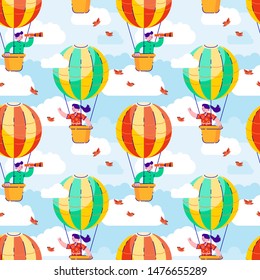 Children boy and girl fly hot air balloon seamless vector pattern.