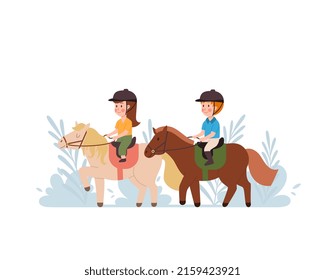 Children Boy And Girl Go Horseback Riding. Horse Riding Lessons And Sports For Children, Flat Cartoon Vector Illustration Isolated On White Background.