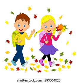 children, boy and girl go to school in autumn, illustration, vector