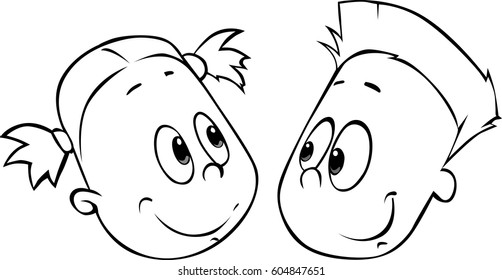 children, boy and girl head vector cartoon illustration. Black outline