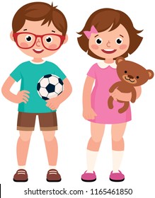 Children boy and girl holding toy teddy bear and soccer ball vector illustration