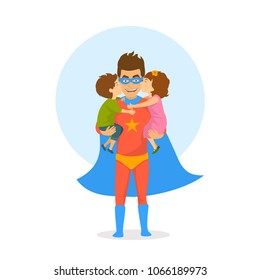 children boy and girl kissing hugging congratulating dad dressed as superhero with happy fathers day. funny humor isolated vector illustration cartoon scene