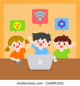 Children, Boy and Girl Learn Computer or Laptop Illustration