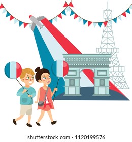 children boy and girl on national holiday france, kids with balloons in hand walking down street against background of Triumphal arch on Bastille Day vector illustration