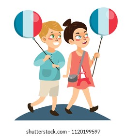 children boy and girl on national holiday france, kids with balloons in hand walking down street isolated white background on Bastille Day vector illustration
