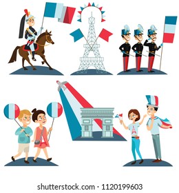 children boy and girl on national holiday france, kids with balloons in hand walking down street against background of eiffel tower, Horse Guards on Bastille Day vector illustration