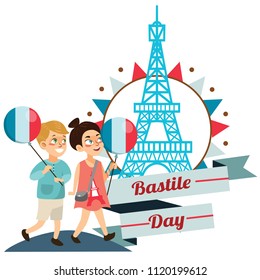 children boy and girl on national holiday france, kids with balloons in hand walking down street against background of eiffel tower on Bastille Day vector illustration