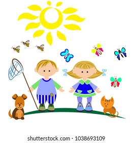 Children boy   girl summer lawn catching butterflies  the sun shines  children's picture  vector illustration