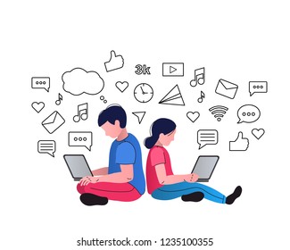 Children, the boy and the girl are online behind laptops. Children chat on the Internet, on social networks. Media icons on background.