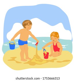 Children, a boy and a girl play in the sand on the beach. Bucket, scoop. Vector illustration.