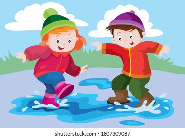 children, boy and girl, play in the street in autumn and have fun jumping in a puddle of water, cartoon illustration, vector, eps