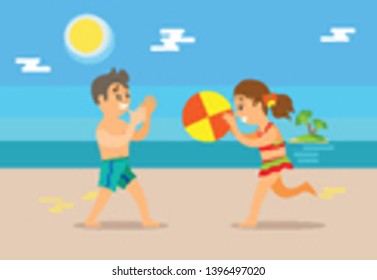 Children boy and girl playing with ball at coastline. Vector happy kids play beach volleyball, teenagers at summer time spend time outdoors on seashore