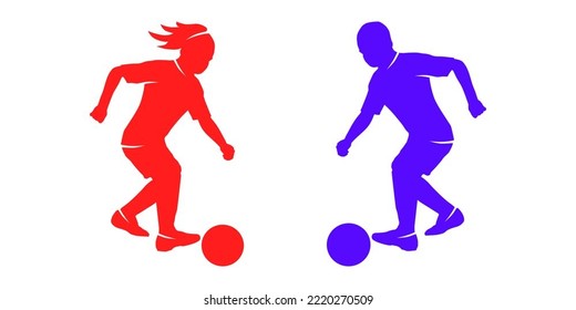 Children boy and girl playing football soccer doing feint or drill