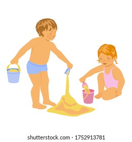 Children, a boy and a girl are playing with sand. Bucket, scoop. Vector illustration. Isolated on a white background.