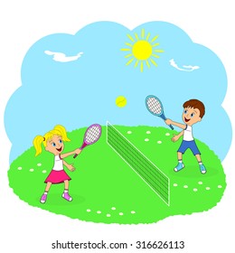 children, boy and girl playing tennis, illustration, vector