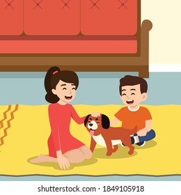 Children boy and girl playing with their dog in the living room. Flat vector illustration art with couch on the background