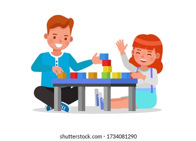 Children boy and girl playing wooden toys at home character vector design.