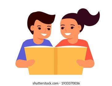 Children boy and girl read book together and enjoy literature. An open book for reading, learning, education and entertainment. Cute boy and girl love to read, learn. Vector