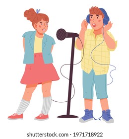 Children boy and girl singing together. Kids cartoon characters for vocal classes and art school, music and vocal education advertisement, flat vector illustration isolated on white background.