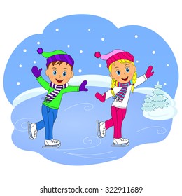 children, boy and girl skating on winter background, illustration, vector