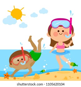 Children, a boy and a girl swimming in the sea using diving masks. Vector illustration.