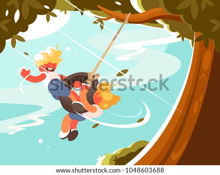 Children Boy Girl Swinging On Tire Stock Vector Royalty