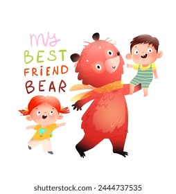 Children boy and girl and their best bear friend play games together and have fun. Friendship of little kids and a teddy bear in kindergarten. Vector hand drawn fantasy illustration for children.