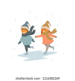 children boy and girl winter ice figure skating on ice rink vector illustration scene